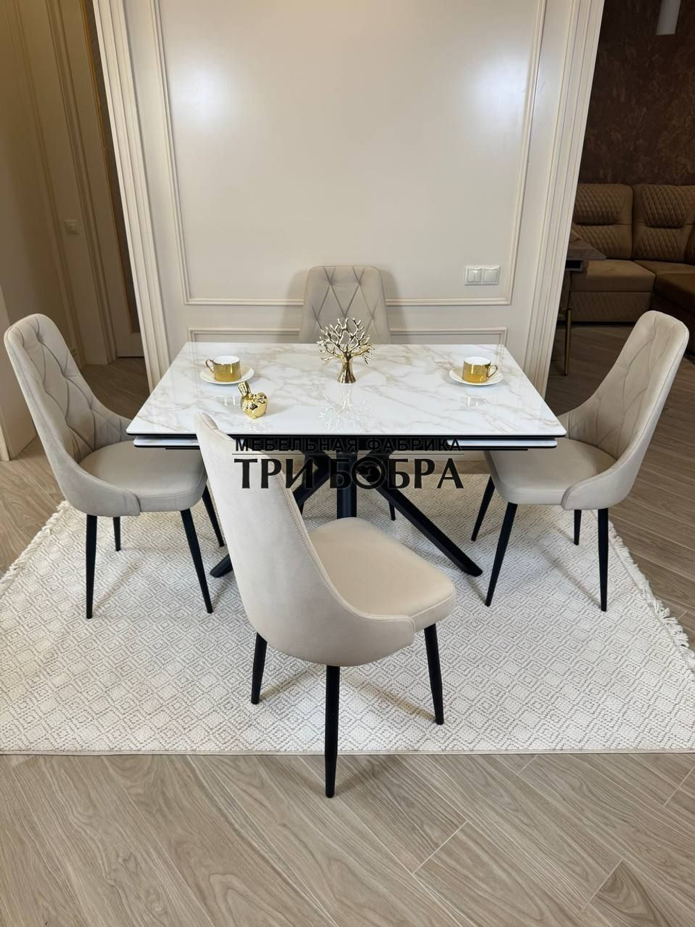 Кухонный раскладной стол "Монако" из керамогранита, белый мрамор и 4 стула ЛОНДОН