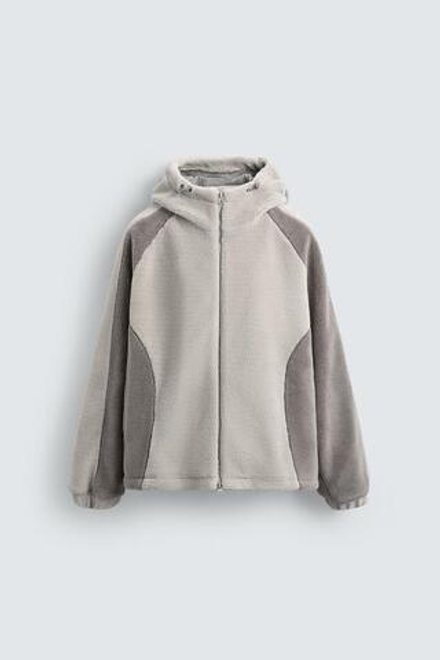 ZARA КУРТКА ИЗ ИСКУССТВЕННОЙ ОВЧИНЫ В СТИЛЕ КОЛОР-БЛОК, ЖЕЛТОВАТО-БЕЛЫЙ