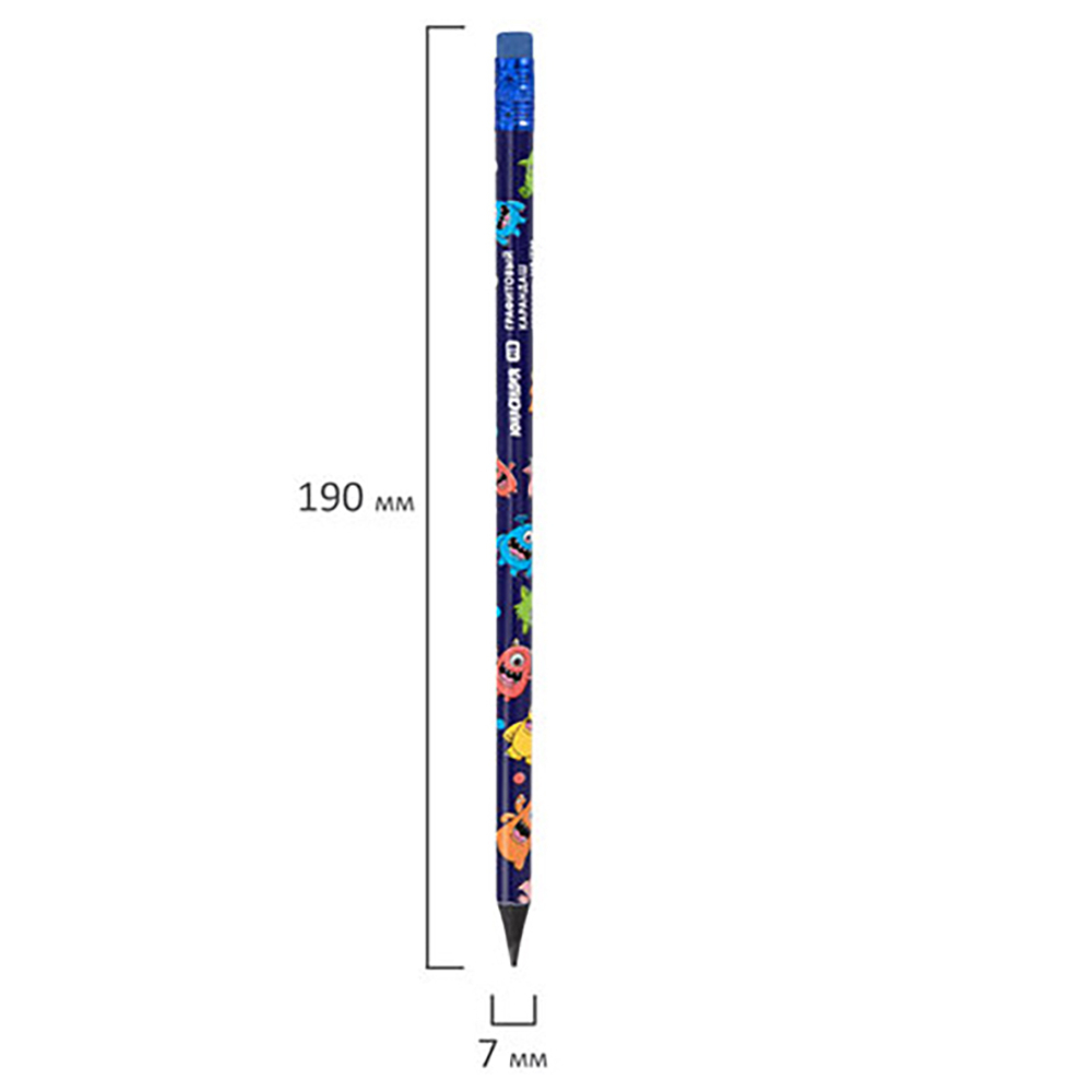 Карандаш "Монстрики" HB, с ластиком, корпус ассорти