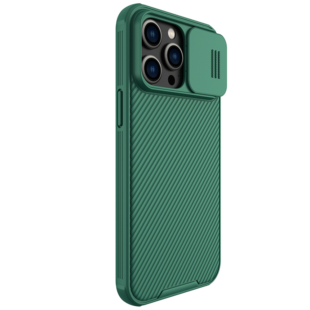 Чехол зеленого цвета от Nillkin на смартфон iPhone 14 Pro Max, серия CamShield Pro Case, сдвижная шторка для камеры