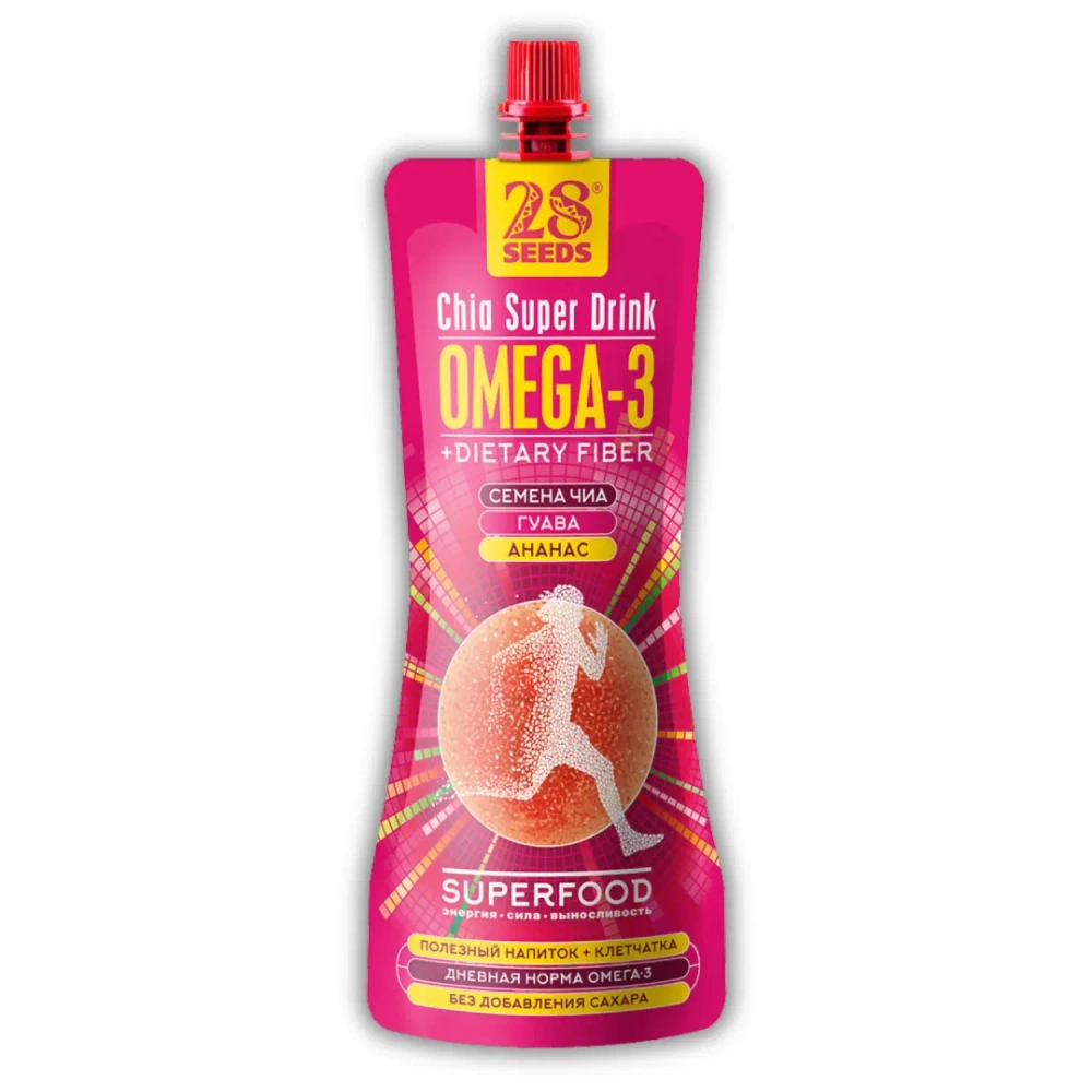 Напиток ЧИА ОМЕГА-3 «Гуава + Ананас» 250 мл 28SEEDS — вид спереди упаковки