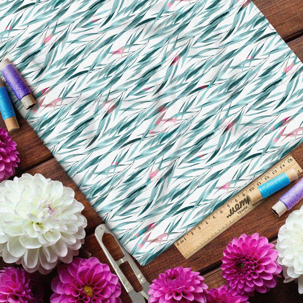 Ткань бязь плотные синеватые листья ивы на белом фоне