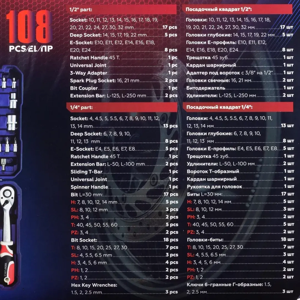 Набор инструментов 108пр.1/4'',1/2''(6гр.)(4-32мм) YATAFORCE YF-41082-5