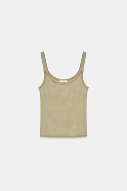 ZARA ТОП В РУБЧИК С ЭФФЕКТОМ ПОТЕРТОСТИ, ЗЕЛЕНОВАТЫЙ