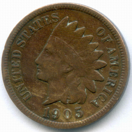 1 цент 1905 год. США. Голова индейца. Бронза, диаметр 19 мм. VF