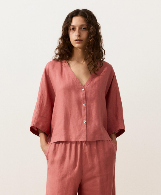 Oysho Рубашка с коротким рукавом из 100% льна, коралловый