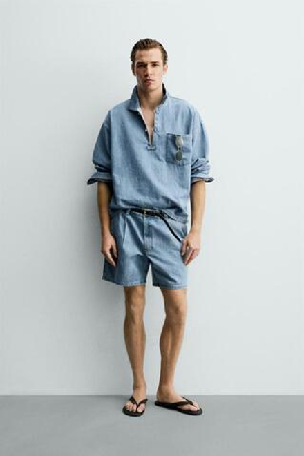ZARA ШОРТЫ RELAXED FIT СО СКЛАДКАМИ, ГОЛУБОЙ