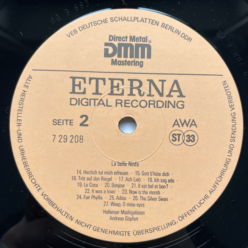 Винтажная виниловая пластинка LP Hallenser Madrigalisten, Andreas Gopfert La Bella Ninfa (ГДР 1989)