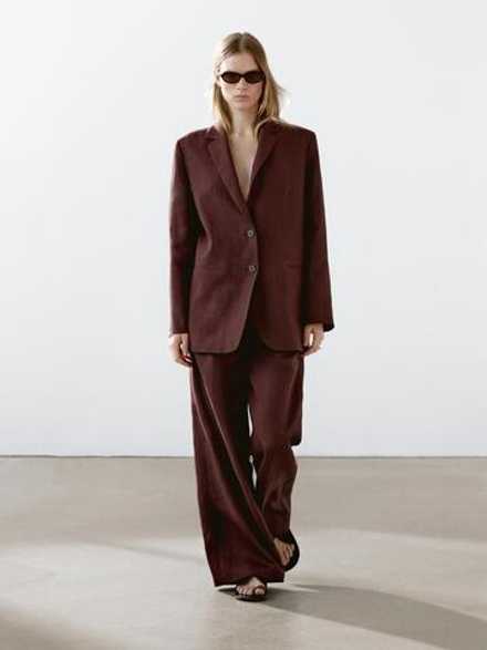 Massimo Dutti Блейзер из 100% льна на двух пуговицах, бордово-красный