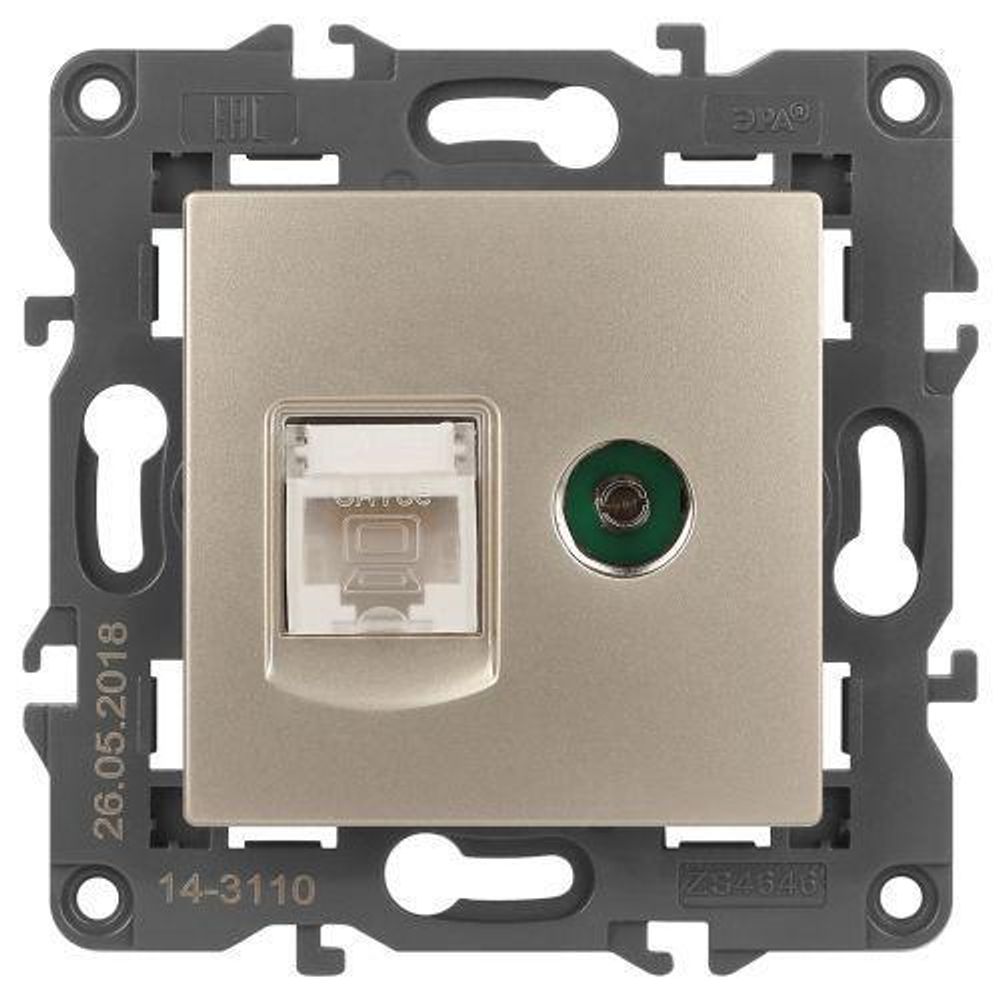Розетка компьютерная + телевизионная 2-м Elegance 14-3110-04 RJ45 + TV IP20 механизм шампань Эра Б0034317