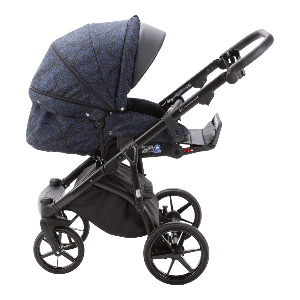 Детская универсальная коляска Adamex BIBIONE Lux PS-91 (3в1) Тёмно-синий орнамент, чёрная экокожа