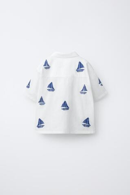 ZARA РУБАШКА С ВЫШИВКОЙ «ЛОДКИ», БЕЛЫЙ