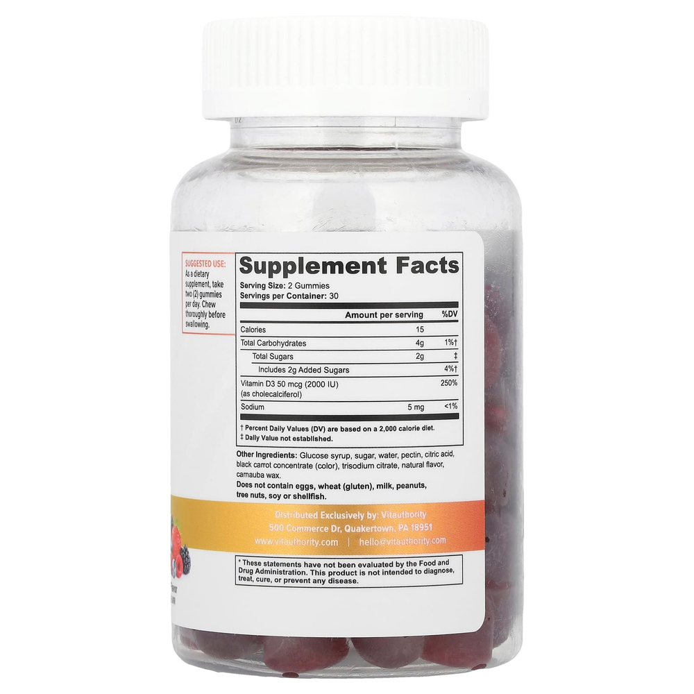 Vitauthority, Жевательные мармеладки с витамином D3, ягодные, 60 жевательных таблеток (25 мкг в каждой жевательной мармеладке)