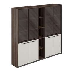 RF.509.DA.CHBZ.PG.DA / Шкаф высокий комбинированный со стеклом (2 шт) со стеллажом, 2140х410х1994 / корпус: дуб адриа, фасады: стекло/жемчужно-серый