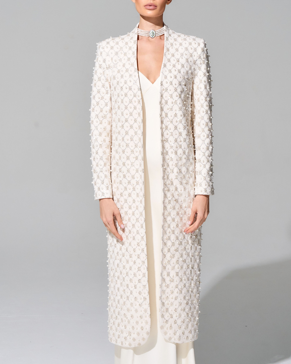 Кардиган из премиального твида с отделкой жемчугом