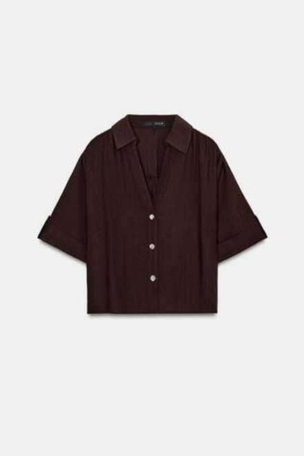 ZARA РУБАШКА СТРУЯЩЕГОСЯ ПОКРОЯ С КОРОТКИМ РУКАВОМ, ТЕМНО-КОРИЧНЕВЫЙ