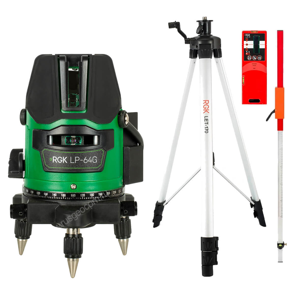 Комплект: лазерный уровень RGK LP-64G + штатив RGK LET-170, приемник RGK LD-9, рейка RGK LR-2