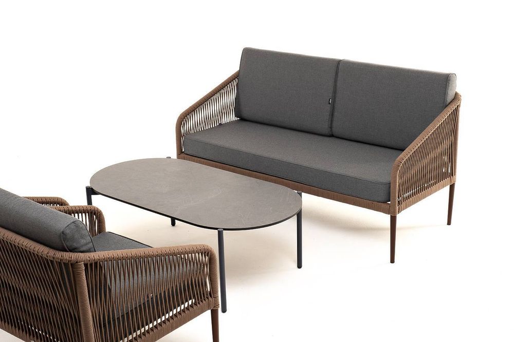 "Канны" лаунж-зона 4-местная из роупа со столом "Верона" (серый гранит), каркас алюминиевый коричневый, роуп коричневый