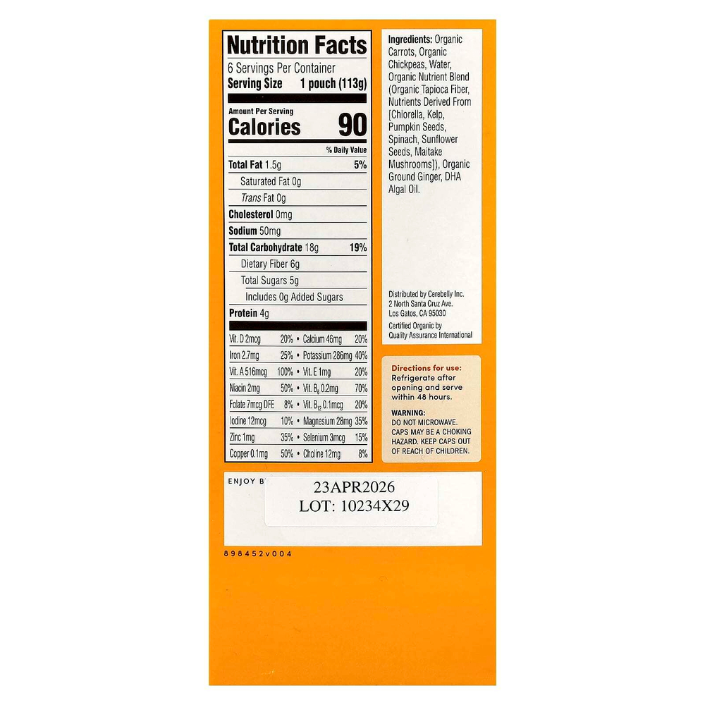 Cerebelly, Organic Baby Puree, Carrot Chickpea with Ginger, 6 Pouches, 4 oz (113 g) Each