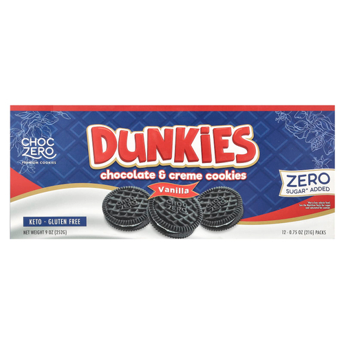 ChocZero, Dunkies, печенье с шоколадом и сливками, ваниль, 12 пакетиков по 21 г (0,75 унции)