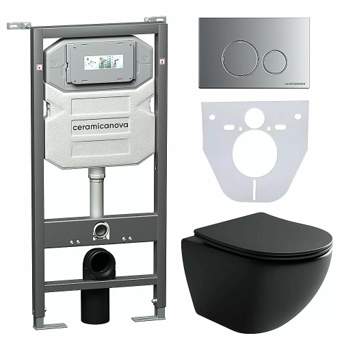 Унитаз подвесной Ceramica Nova Metropol CN4002MB_1001M_1000 черный матовый, безободковый, с крышкой микролифт, с инсталляцией и кнопкой хром матовой
