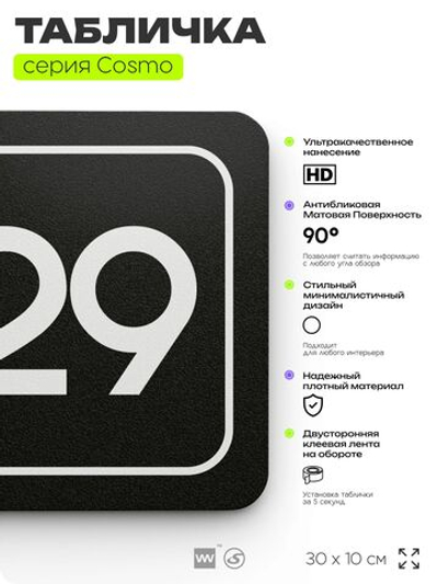 Табличка с номером помещения "Помещение №29", номер на дверь, 30 х 10 см, серия COSMO, черная, Айдентика Технолоджи