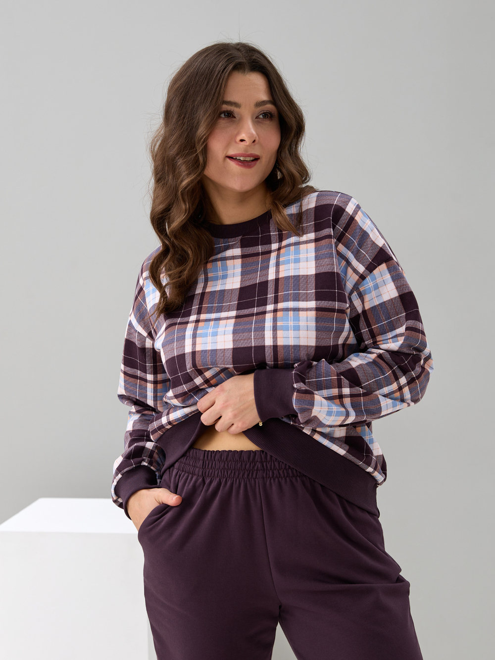 Костюм с брюками КБ-90М/клеткашоколад-бежголубой