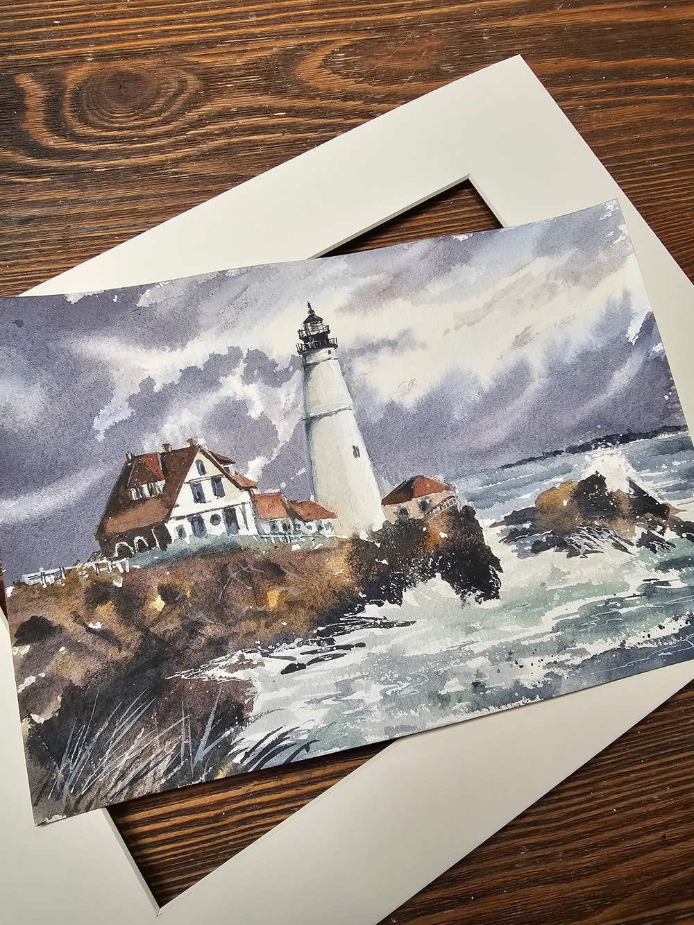 Картина авторская акварельная в паспарту 21*30 см на стену для интерьера "Маяк Портленд-Хед. США"