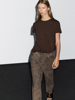 Massimo Dutti Футболка из плотного хлопка с декоративными швами, коричневый