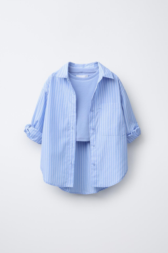 ZARA РУБАШКА OXFORD В ПОЛОСКУ С ФУТБОЛКОЙ В РУБЧИК, СИНИЙ