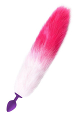 Фиолетовая анальная пробка с бело-розовым хвостом (Цвет: розовый с белым)