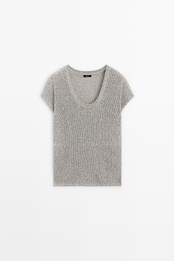 Massimo Dutti Вязаный свитер с короткими рукавами и нитяной отделкой, жемчужно-серый