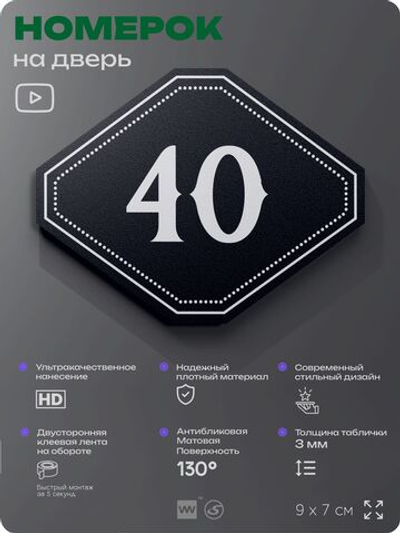Номерок на дверь квартиры 40, для кабинета, офиса, шильдик 9 х 7 см, черный, Айдентика Технолоджи