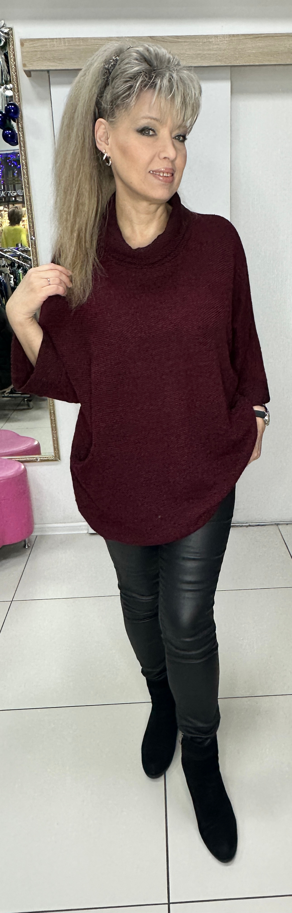 Меланжевый джемпер с кармашками и хомутом