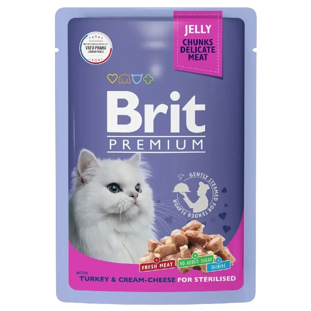 Brit premium, пауч для взрослых стерилизованных кошек, индейка с сыром в желе, 85г