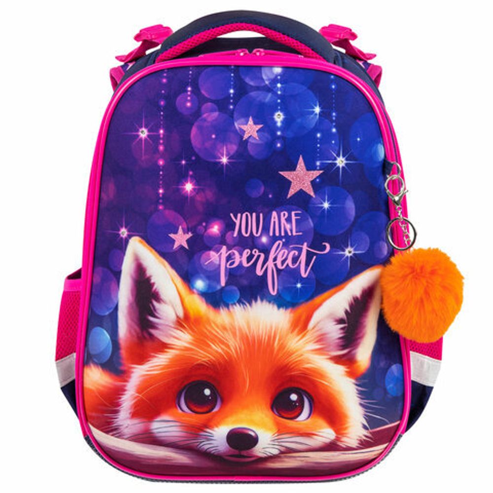 Ранец BRAUBERG PREMIUM, 2 отделения, с брелоком, "Cute fox", LED-ЛАМПОЧКИ, 38х29х16 см, 272019