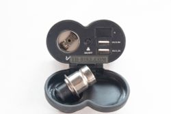 USB charger, 2in1, Cigarette lighter with 2 USB slots. Fast charge. Voltmeter Handlebar/10mm Mirror mount. Motowolf