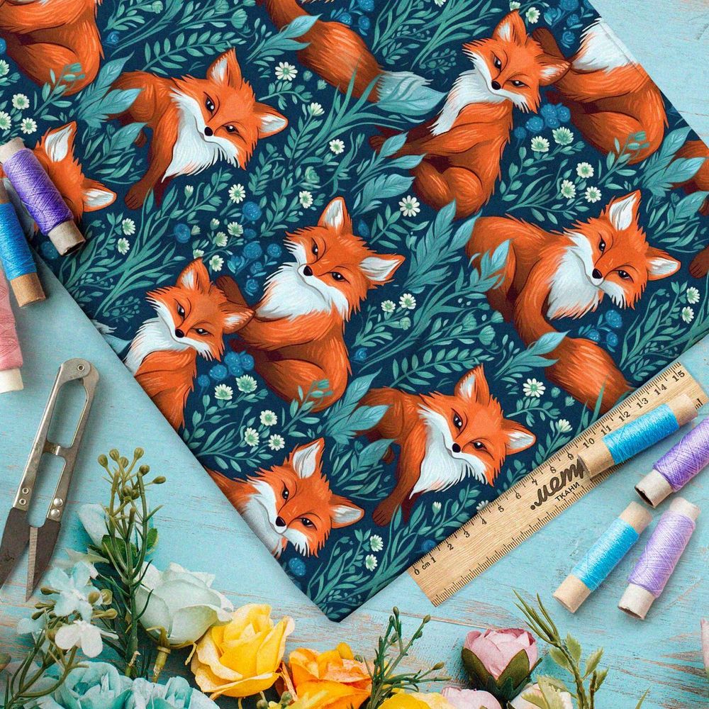 Ткань Ниагара Софт лисята на сероголубом