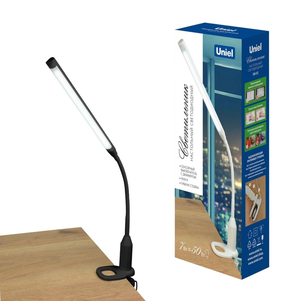 TLD-572 Black/LED/500Lm/4500K/Dimmer Светильник настольный светодиодный на струбцине, 7W. Сенсорный выключатель. Диммер. Черный. ТМ Uniel