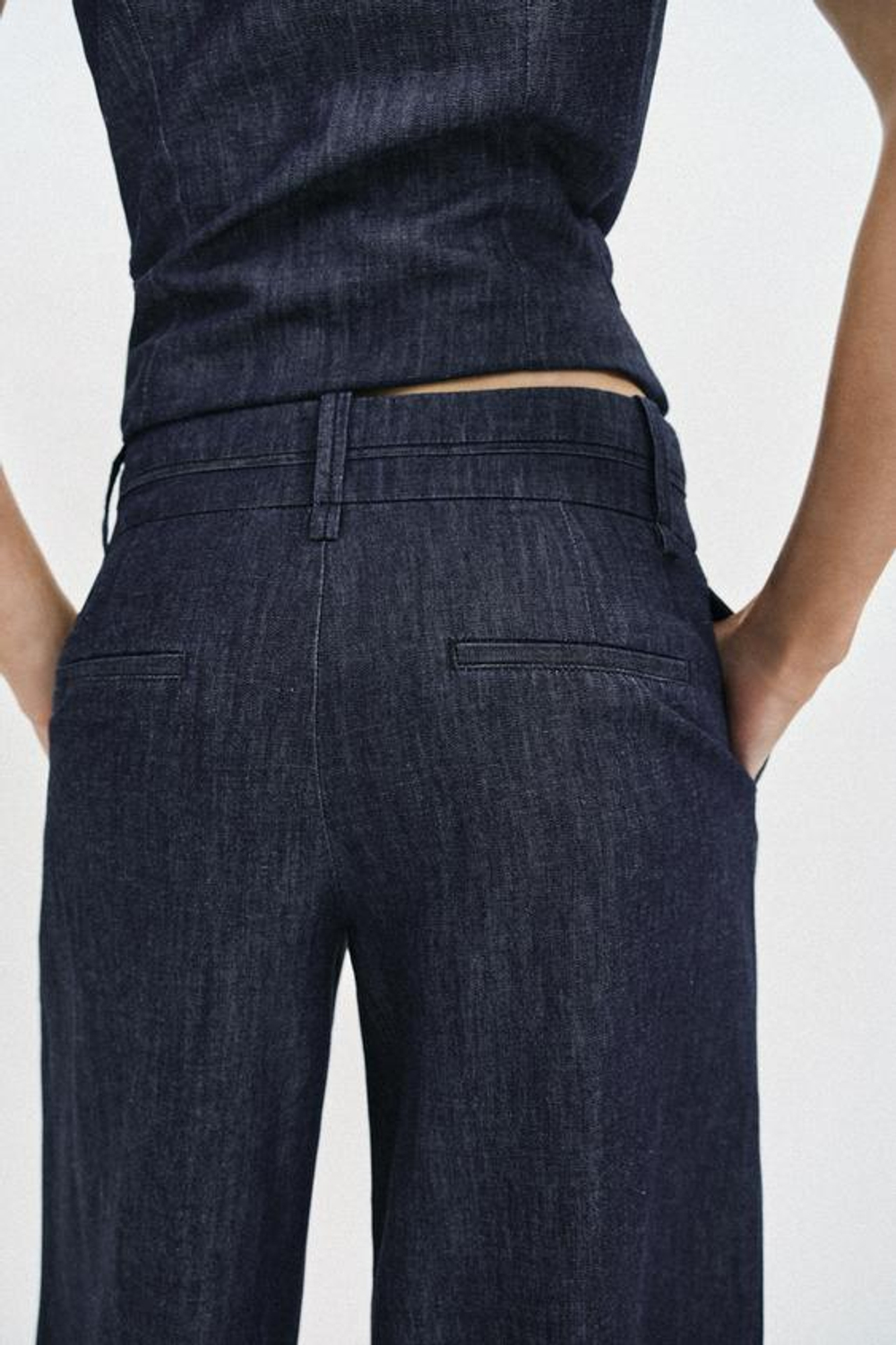 ZARA ШИРОКИЕ БРЮКИ ИЗ СМЕСОВОГО ЛЬНА, ИНДИГО