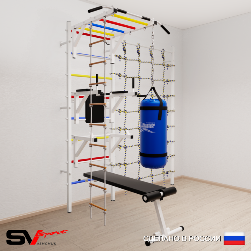 Шведская стенка Sv Sport усиленная 66220 (Турник рукоход/Брусья/Стойка/Скамья/Лестница/Цепь/Мешок 22кг/Канатный лаз)
