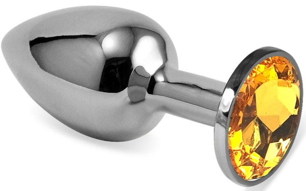 Серебристая гладкая анальная пробка с оранжевым кристаллом - 8 см. (Цвет: оранжевый)