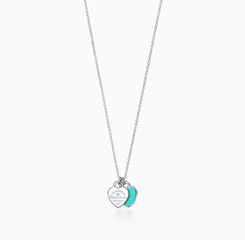 Подвеска из серебра Tiffany 💠, 2 сердца с бриллиантом .бирюзовое.