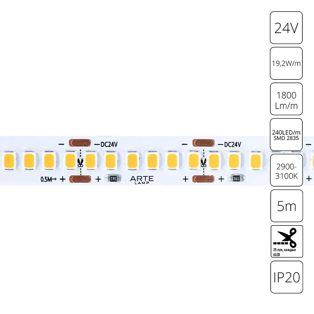 Светодиодная лента 24V 19,2W/m 3000К 5м Arte Lamp TAPE