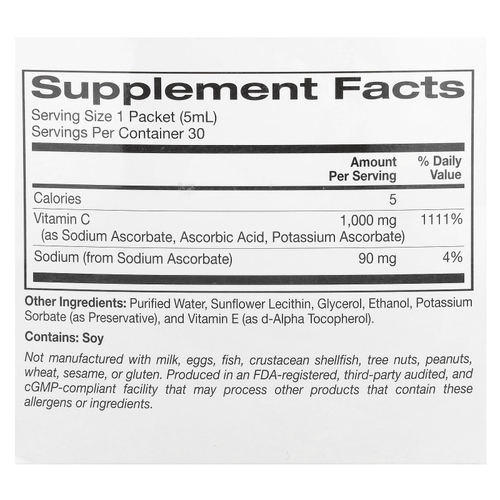 Super Nutrition, липосомальный витамин C в жидкой форме, без добавок, 1000 мг, 30 пакетиков по 5 мл (0,17 жидк. унции)