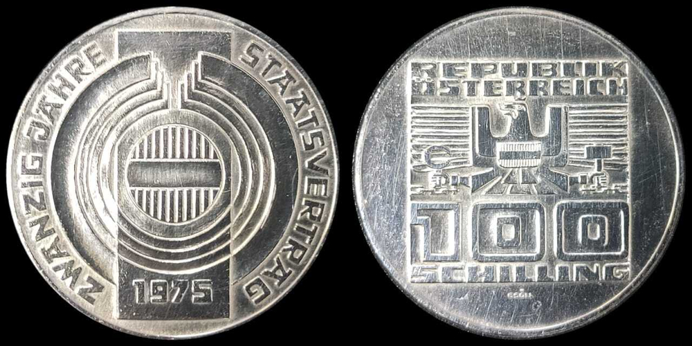 Австрия 100 шиллингов, 1975 20 лет декларации о независимости Австрии aUNC