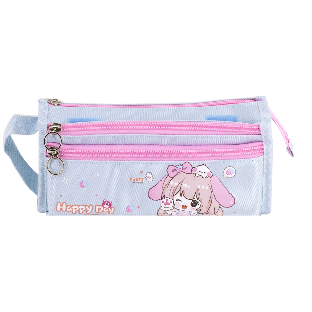 Пенал - косметичка Alingar, ткань, молния, 2 отделения, 2 боковых кармана, липучка, петля, 200 х 90 х 45 мм, "Happy Day", микс (розов, голуб, сиренев)