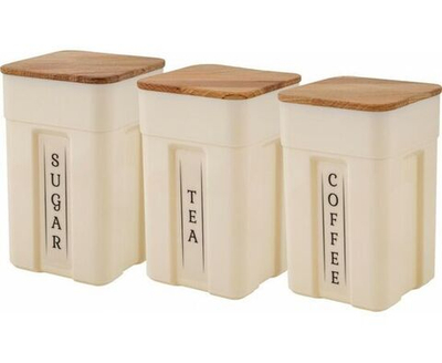 Набор банок для сыпучих продуктов 0,75л. 3шт. пластиковые с деревянной крышкой.