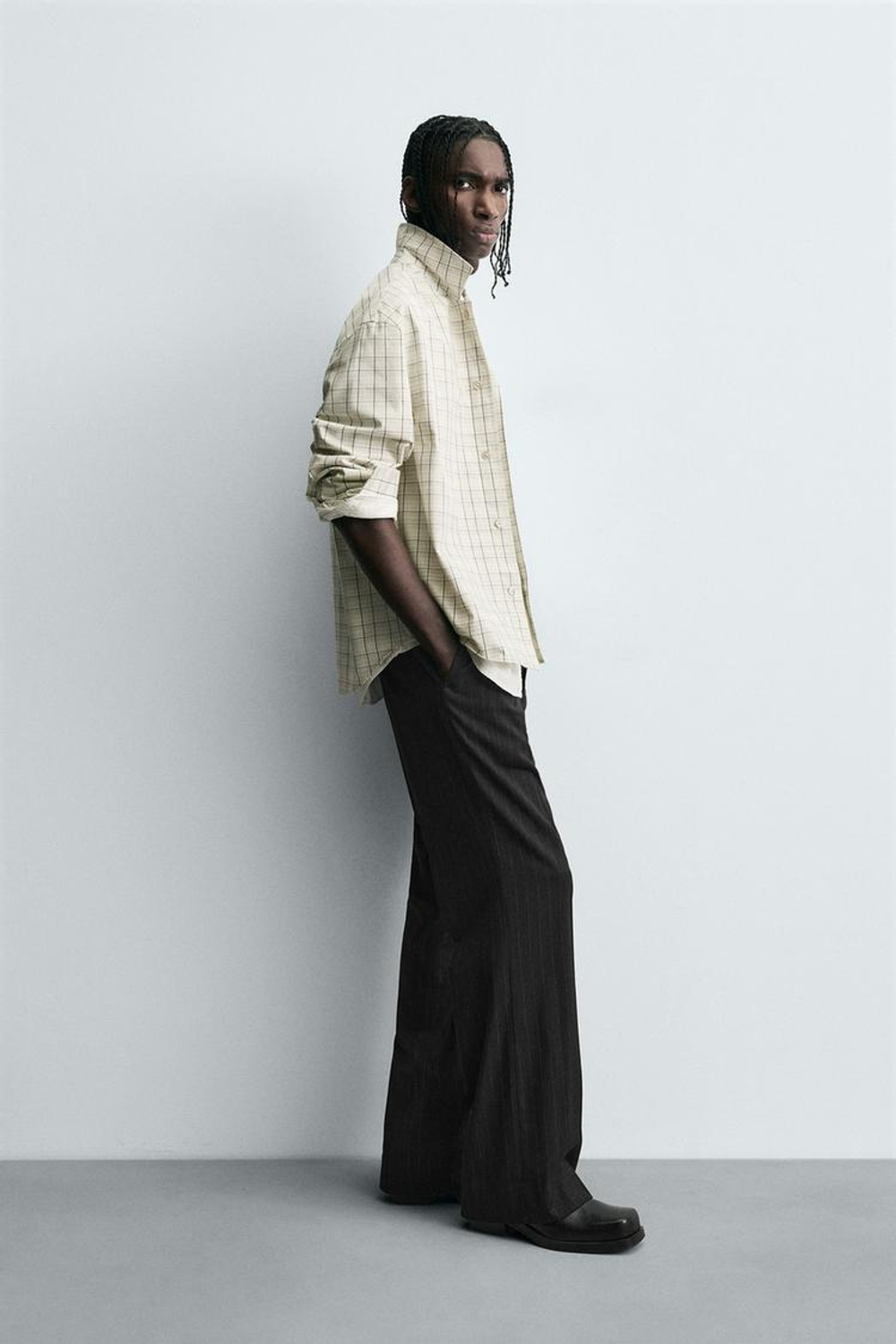 ZARА КУРТКА-РУБАШКА В КЛЕТКУ, ЖЕЛТОВАТО-БЕЛЫЙ