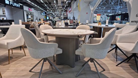 Стол АДАЖИО 115 КРУГЛЫЙ GILT WHITE, керамика / Латте каркас